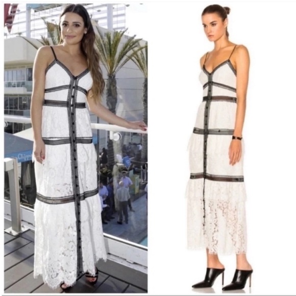 Self Portrait Lace Trim Tiered Midi Dress White Black - Picture 1 of 9